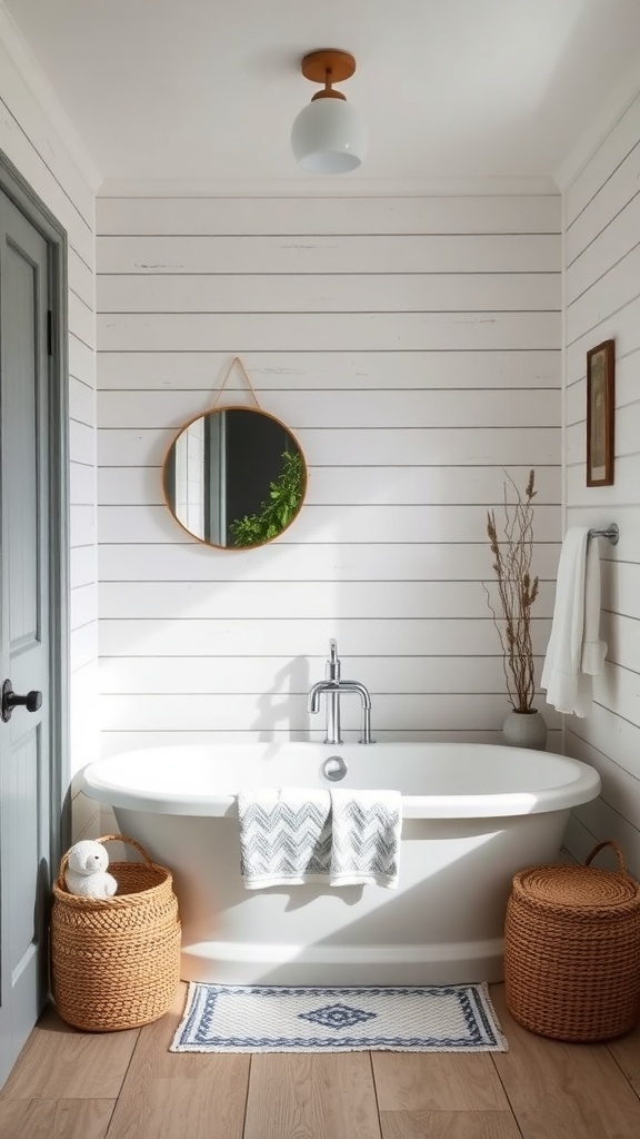 A modern farmhouse bathroom featuring shiplap walls, a freestanding tub, and natural decor.