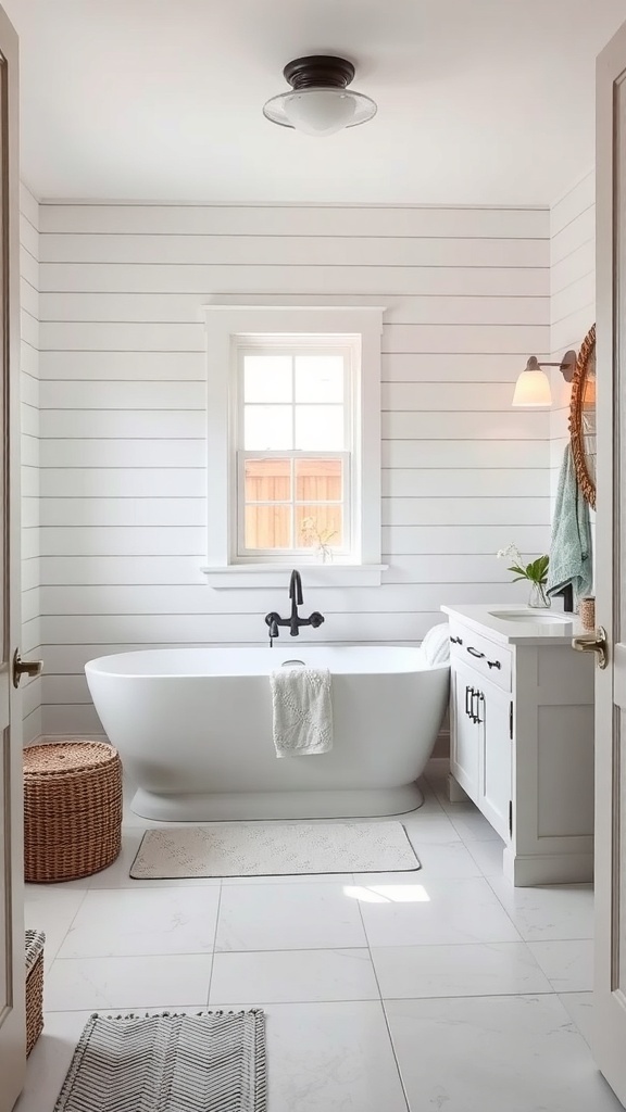 Modern farmhouse master bath with shiplap walls and a freestanding tub.