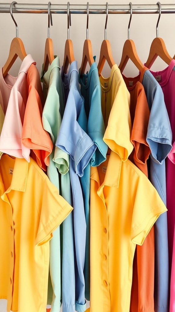 A collection of colorful short-sleeve button-up shirts hanging on hangers.