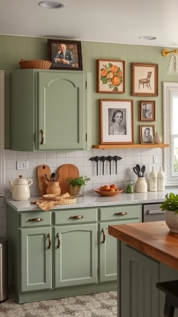 A sage green farmhouse kitchen featuring framed artwork and personal touches on the walls.