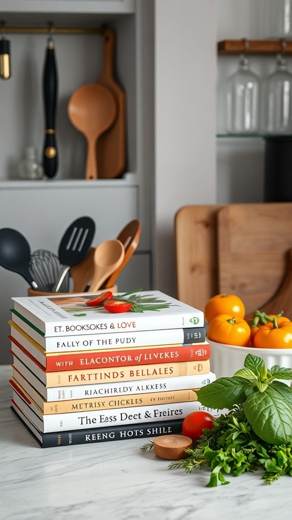 A stack of colorful cookbooks on a kitchen countertop with fresh herbs and tomatoes.
