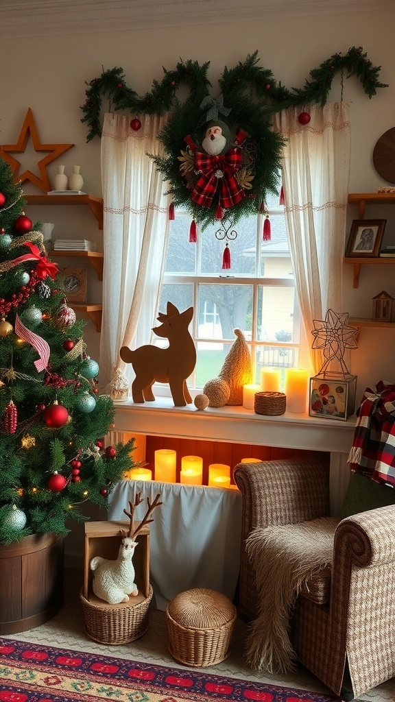Cozy boho Christmas decor featuring a tree, heirlooms, and warm lighting.