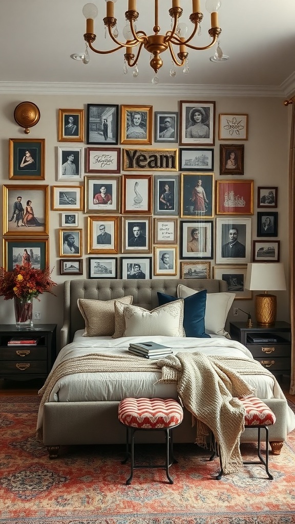 A luxurious bedroom featuring a gallery wall of framed photographs and artwork, a tufted headboard, and decorative pillows.