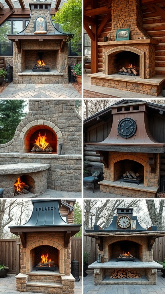 A collection of rustic outdoor fireplaces made of stone and brick.