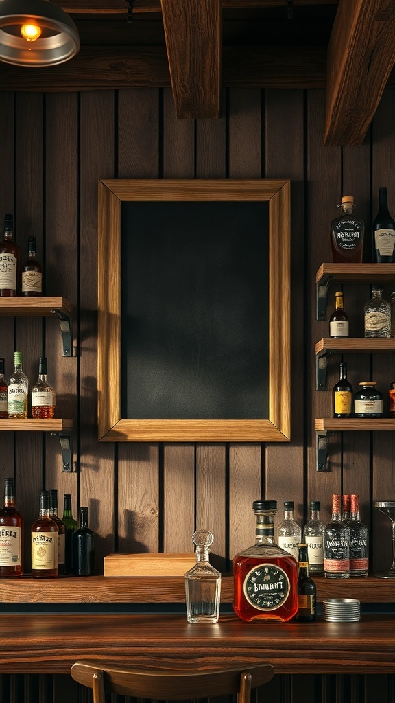 A rustic bar's cocktail menu displayed on a chalkboard with various drink options.