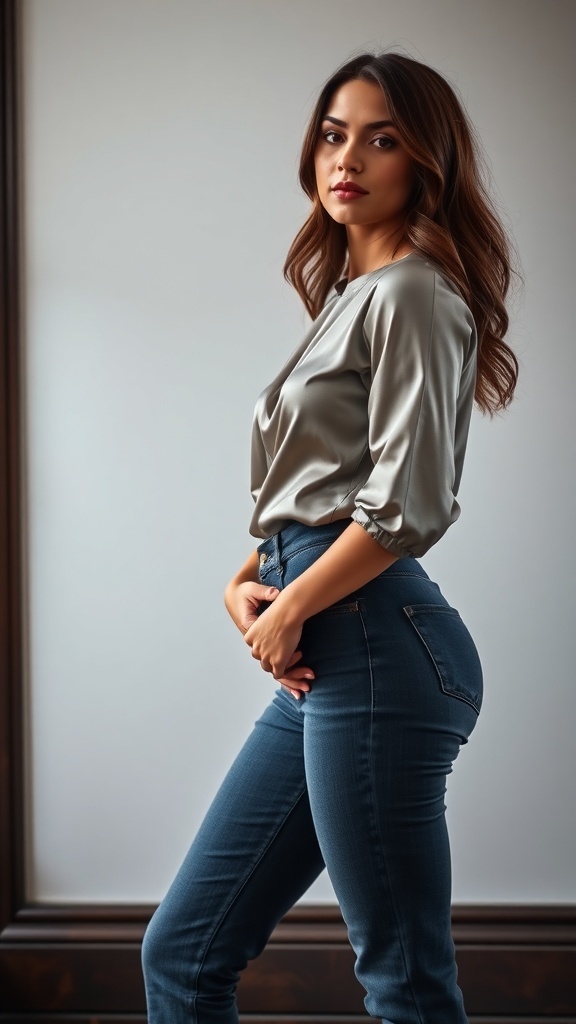 A woman wearing a silk top and high-waisted jeans, posing confidently.