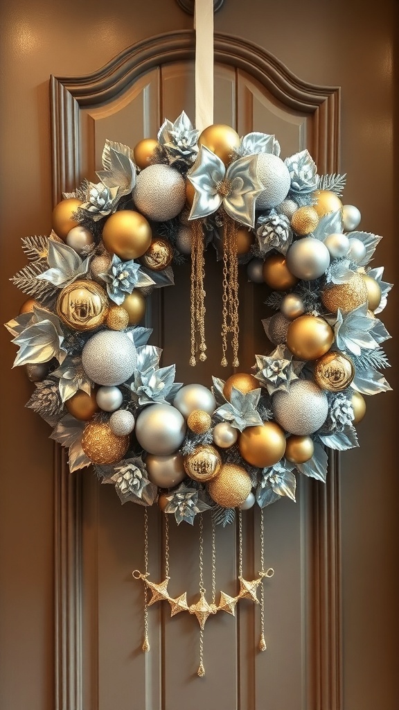 A silver and gold wreath adorned with ornaments and a bow, hanging on a black door.