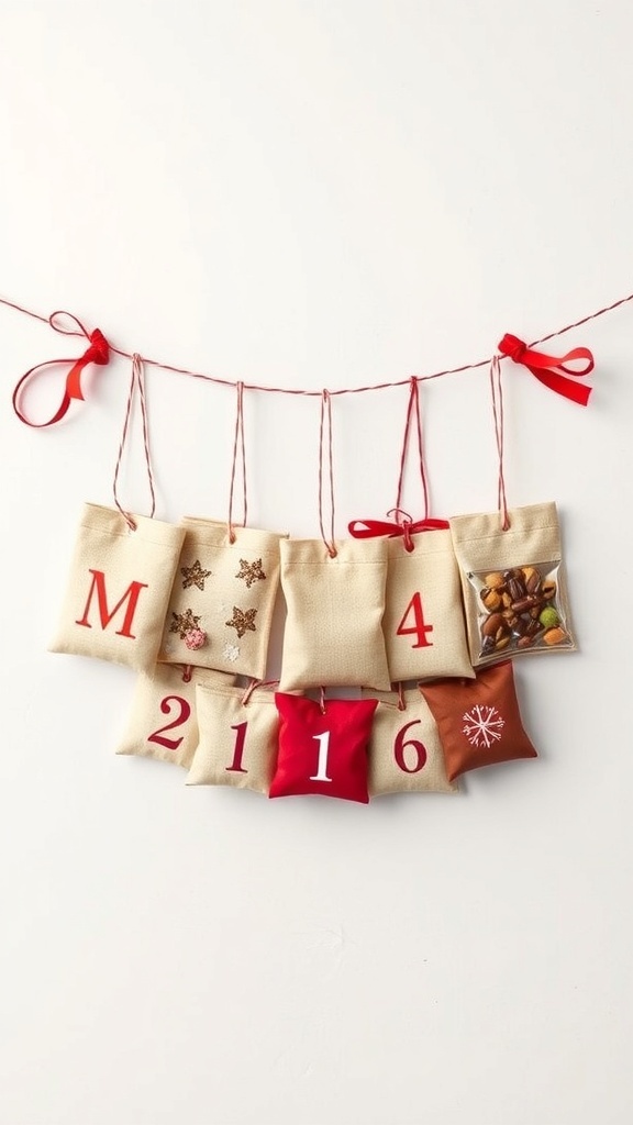 A simple advent calendar made of fabric pouches with numbers and decorations, hung with red ribbon.