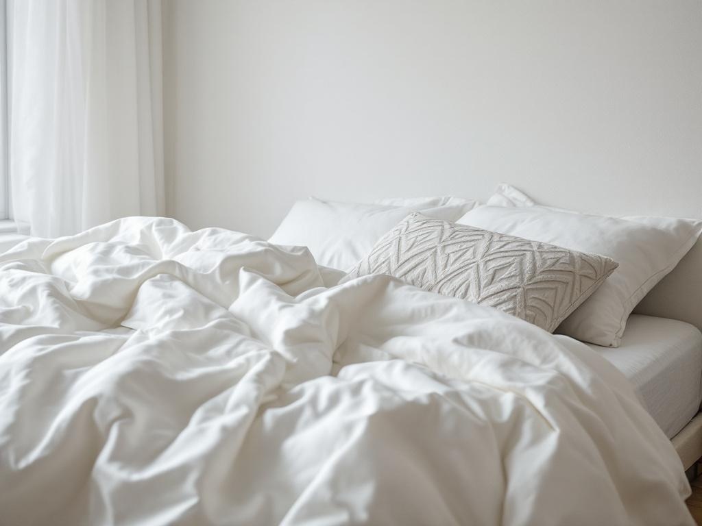 A minimalist bedroom with white bedding and a textured pillow.