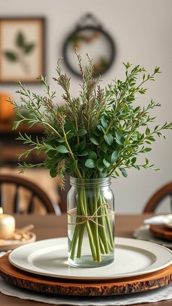 A simple centerpiece featuring fresh herbs in a glass jar tied with twine, placed on a neutral plate.