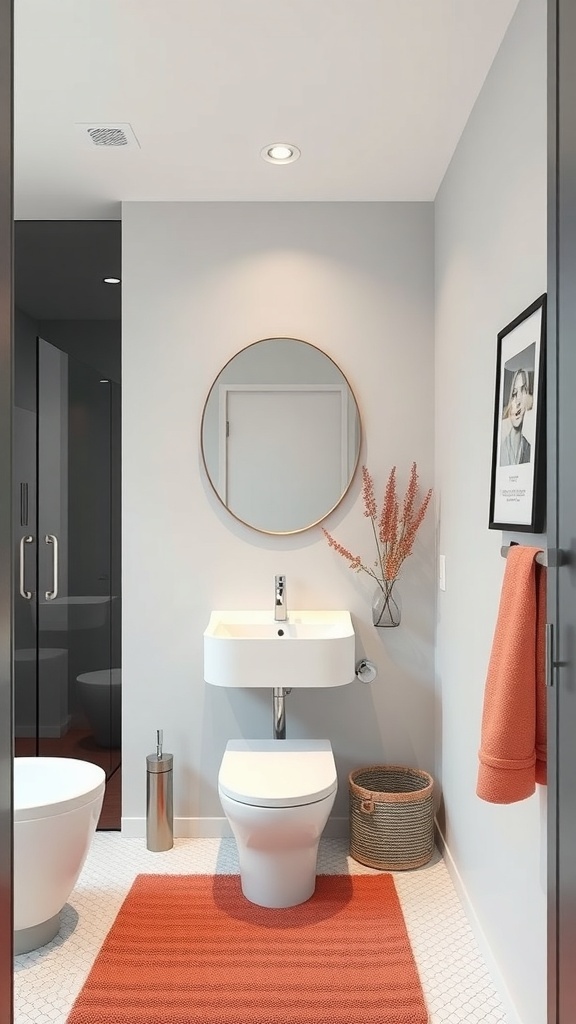 A minimalist bathroom featuring a round mirror, a small sink, and colorful accents like a rug and towel.