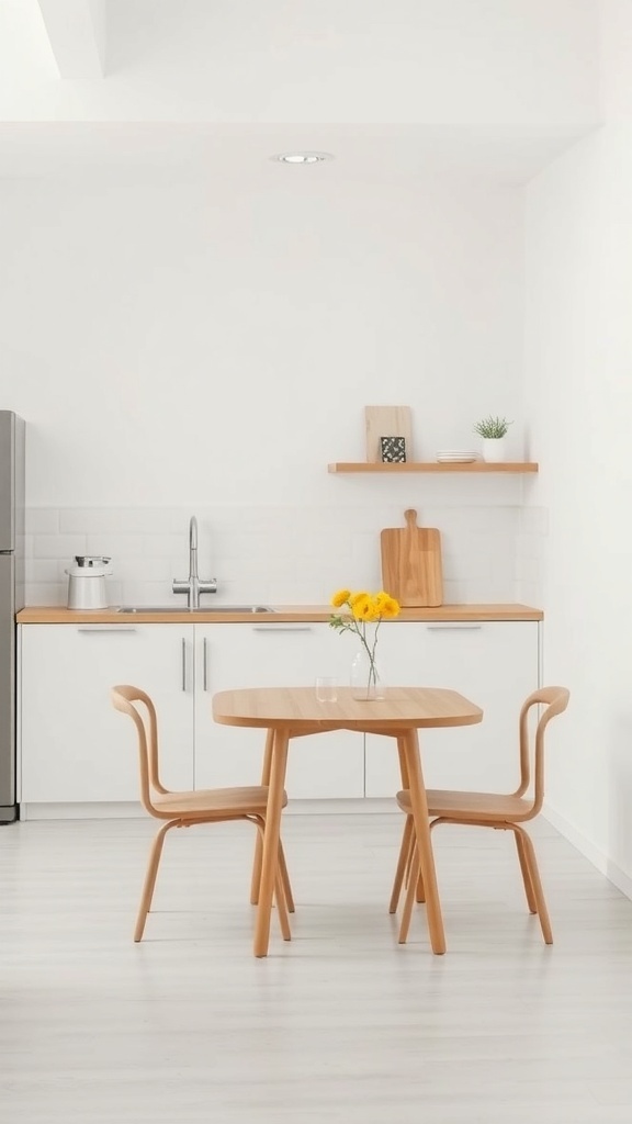 Minimalist kitchen dining area with a wooden table and chairs, featuring a small vase of flowers.