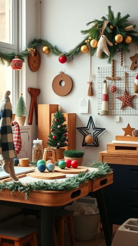 A cozy room decorated with evergreen garlands, ornaments, and a small tree on a table.