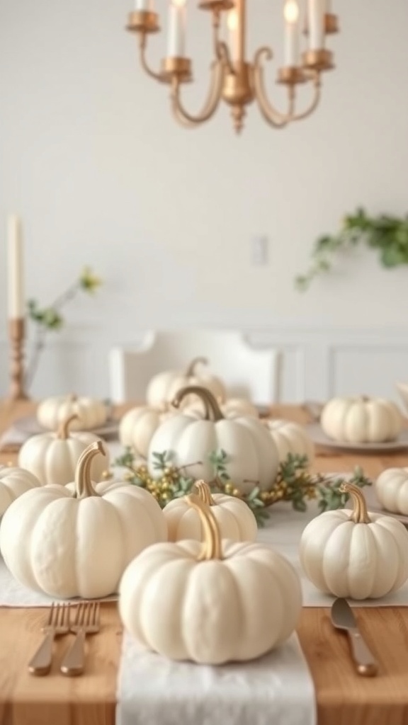 A beautifully arranged Thanksgiving table featuring white pumpkins, greenery, and gold accents.