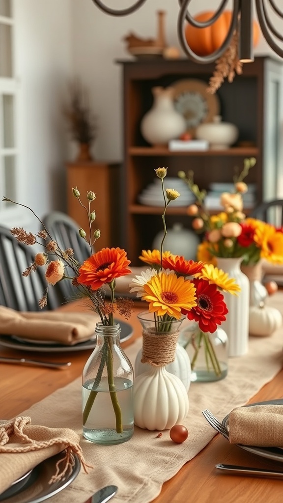 A Thanksgiving table decorated with simple floral arrangements featuring orange and yellow flowers in glass vases and small pumpkins.