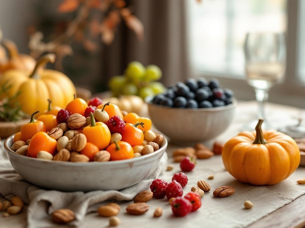A colorful arrangement of fruits and nuts on a Thanksgiving table, featuring mini peppers, raspberries, almonds, blueberries, and small pumpkins.