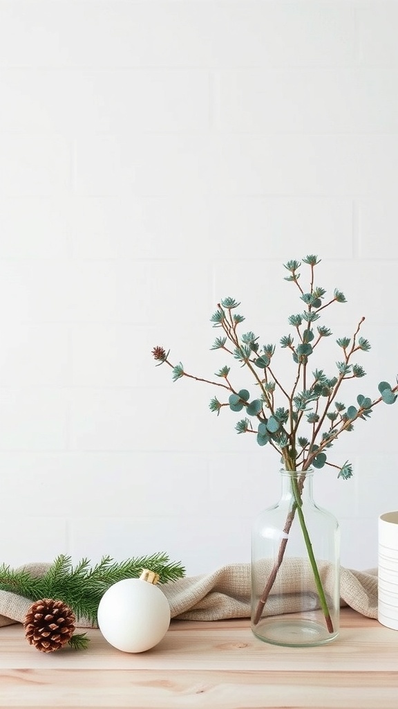 A minimalist Christmas decor setup featuring a glass vase with greenery, a pine cone, and a white ornament on a wooden table.