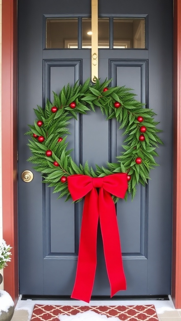 A simple greenery wreath with a red bow hanging on a front door.