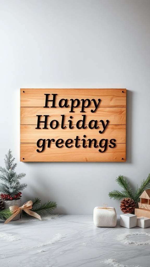 Wooden sign with 'Happy Holiday greetings' surrounded by minimalist Christmas decor