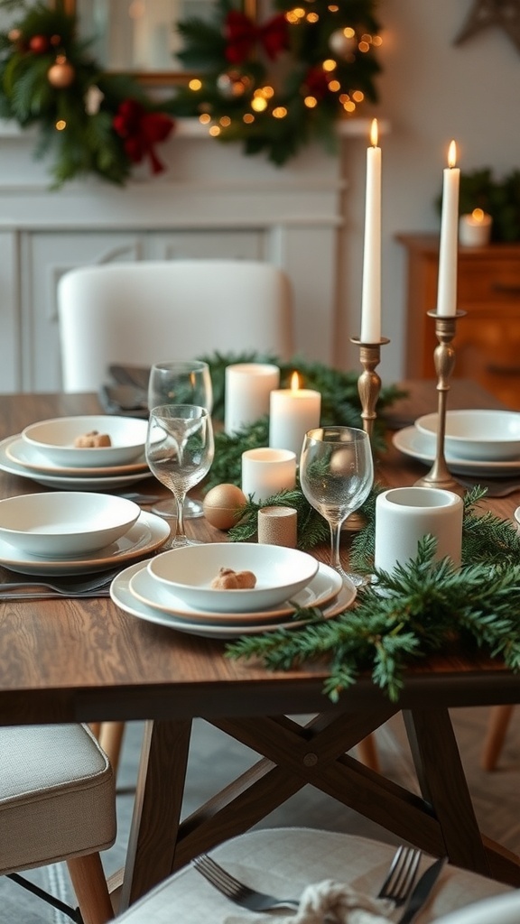 A beautifully set holiday table with pine branches, candles, and simple dishware.