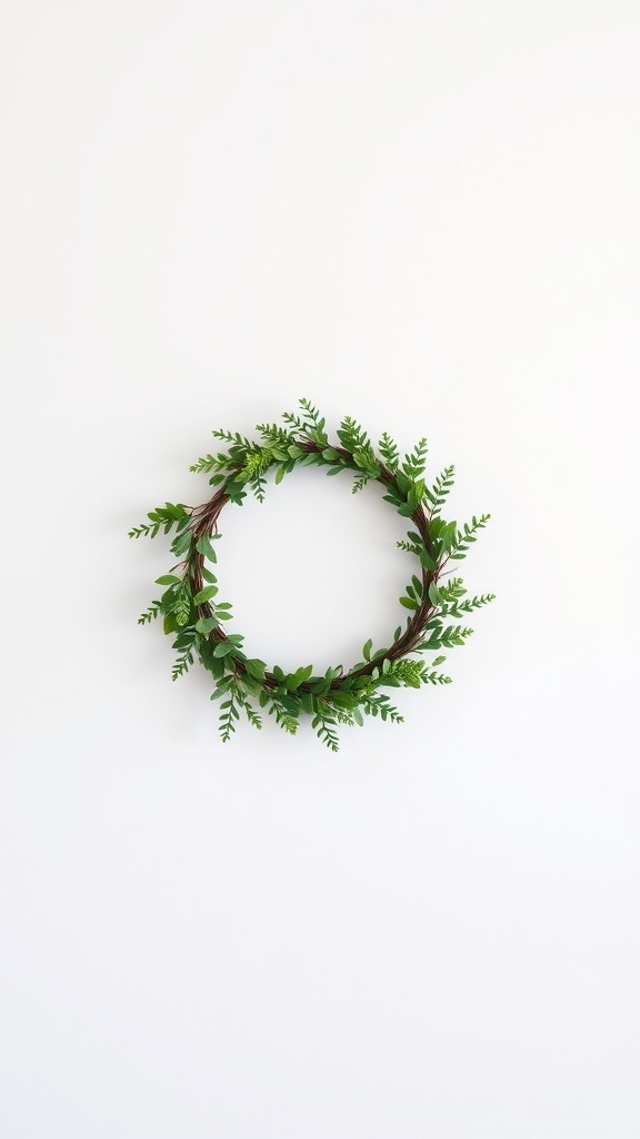 A simple winter wreath made of greenery on a white wall.