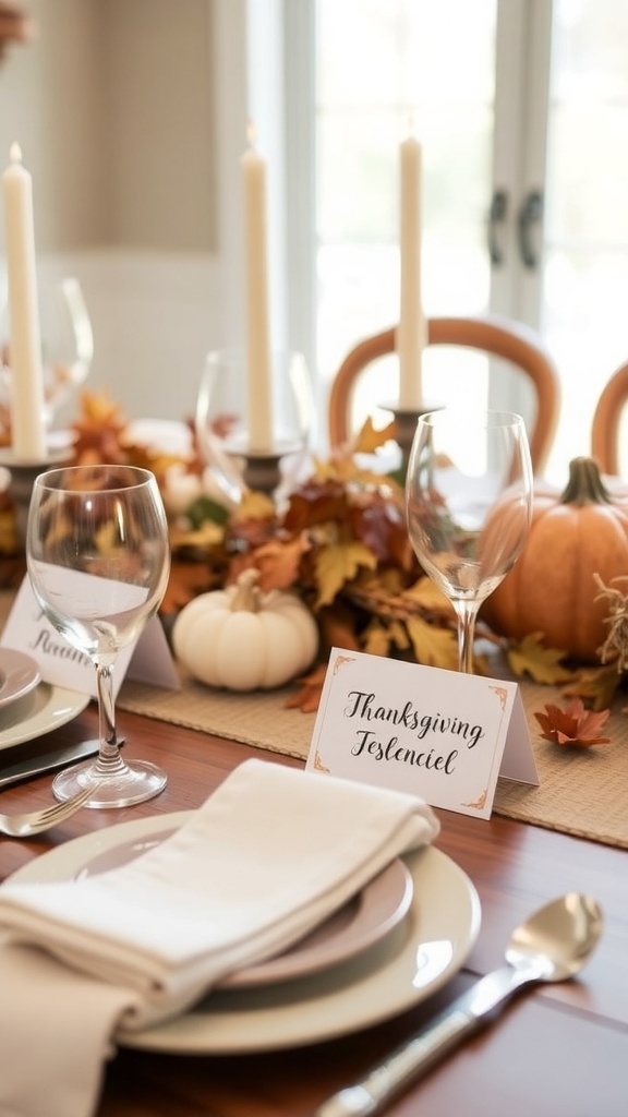Thanksgiving table setting with place card, pumpkins, and candles.