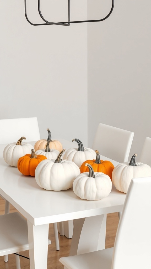 A minimalist arrangement of white and orange pumpkins on a white table.