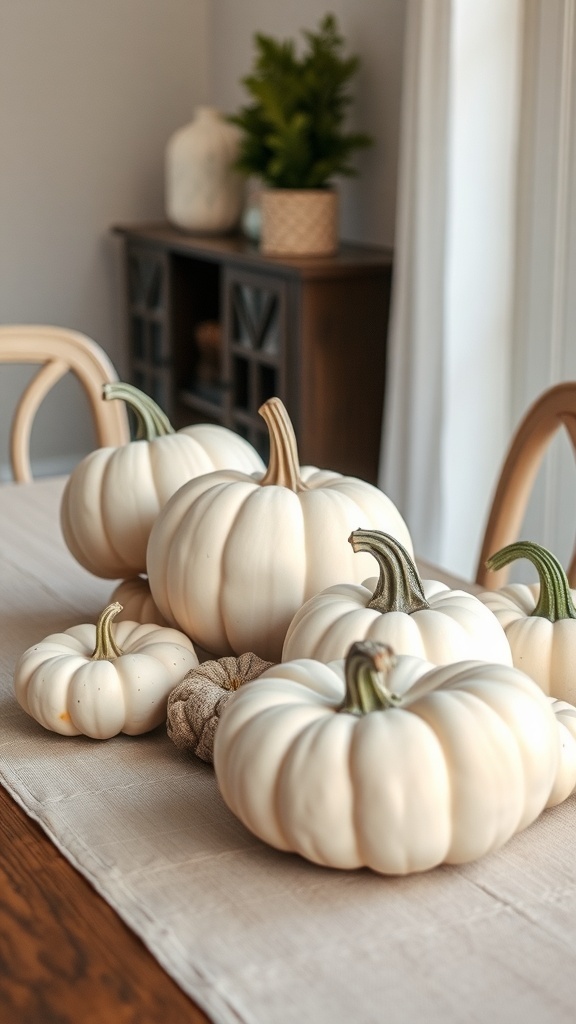 A collection of white pumpkins arranged on a light tablecloth, with a small plant in the background.