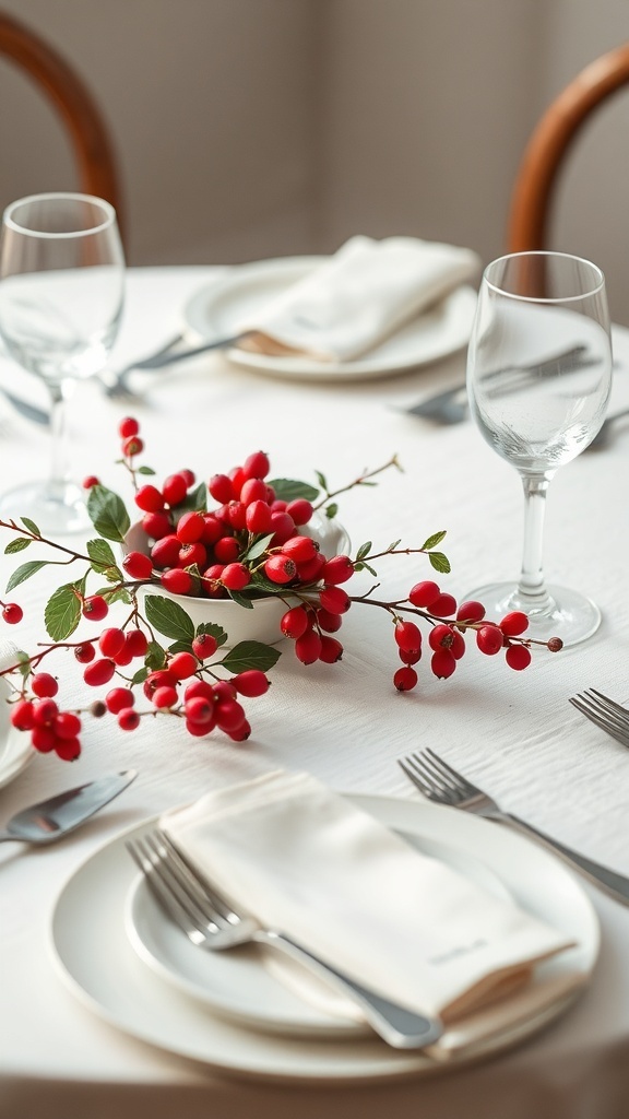A simple Christmas table setting featuring red berry sprigs as a centerpiece.