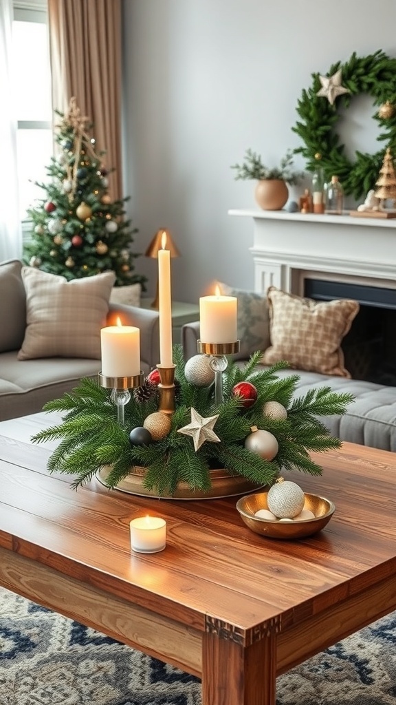 A cozy winter decor scene with a candle centerpiece and a decorated Christmas tree.