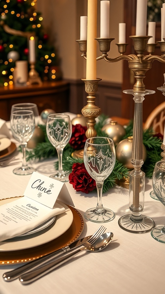 A beautifully set Christmas table featuring snowflake place cards.