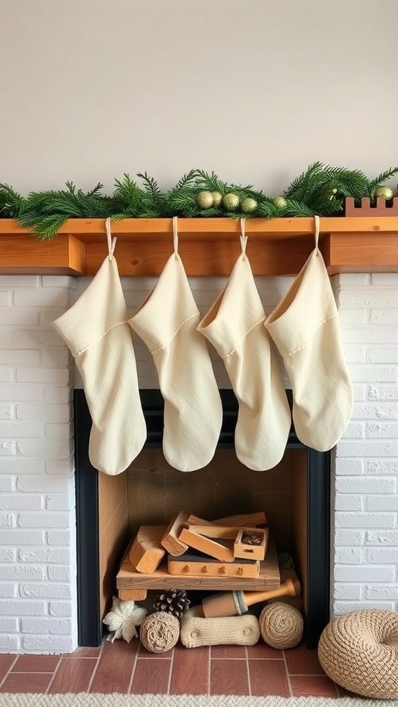 Minimalist Christmas stockings hanging on a wooden mantel with greenery and ornaments