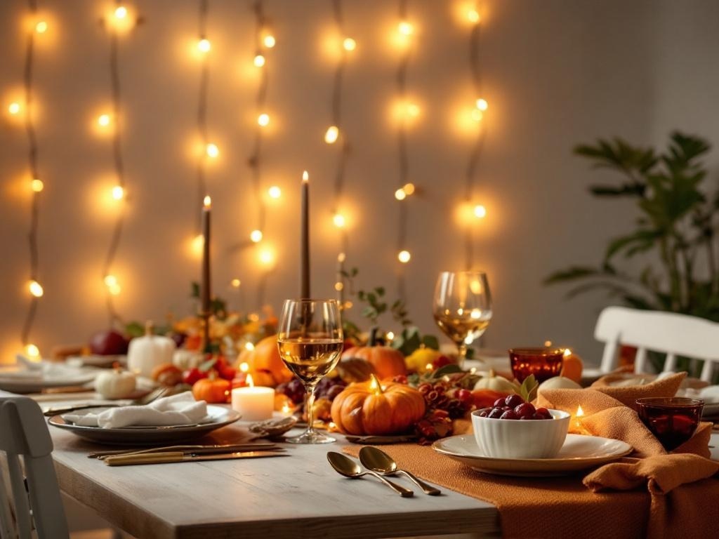 Thanksgiving table setting with string lights, pumpkins, and elegant tableware