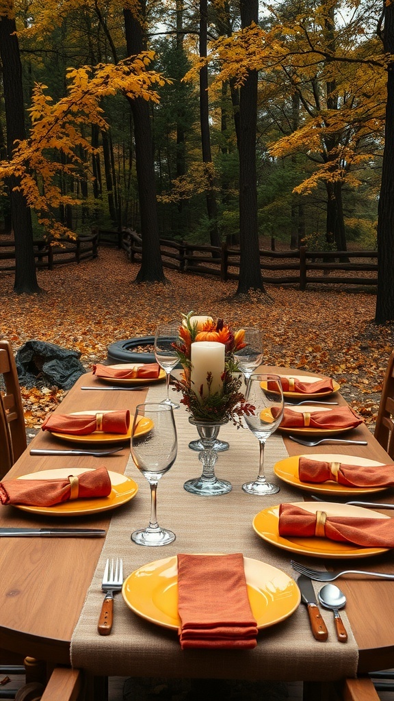 A beautifully set outdoor table with yellow plates and orange napkins, surrounded by autumn foliage.
