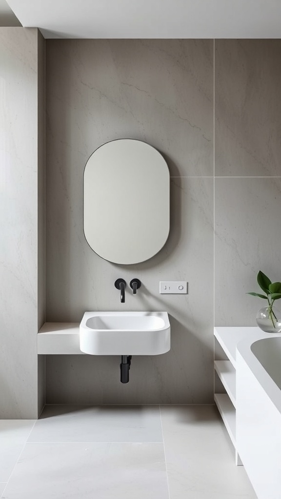 A minimalist bathroom featuring a wall-mounted faucet, a small sink, and a round mirror.