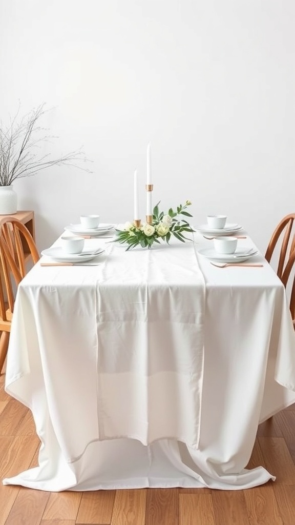 A simple white cotton table runner on a Thanksgiving table with plates and candles.