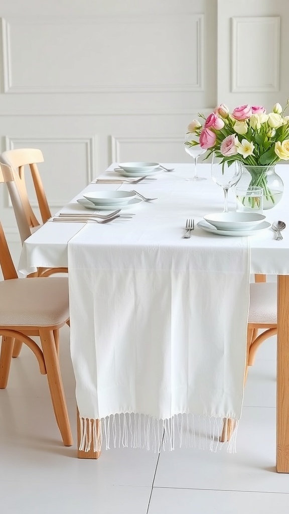 A simple white cotton table runner with the words 'HAD YOR' on a dining table with a floral centerpiece.