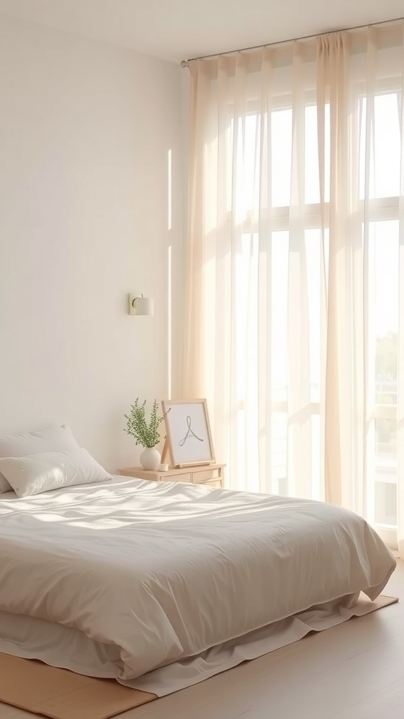 A minimalist bedroom with light sheer curtains and a simple bed setup.