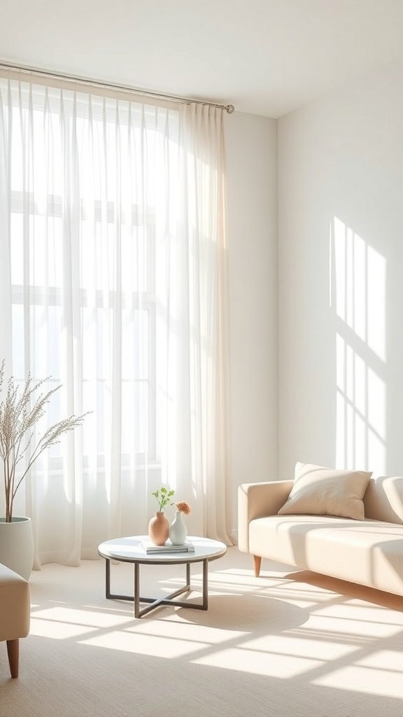 A minimalist living room with sheer curtains and a light color palette.