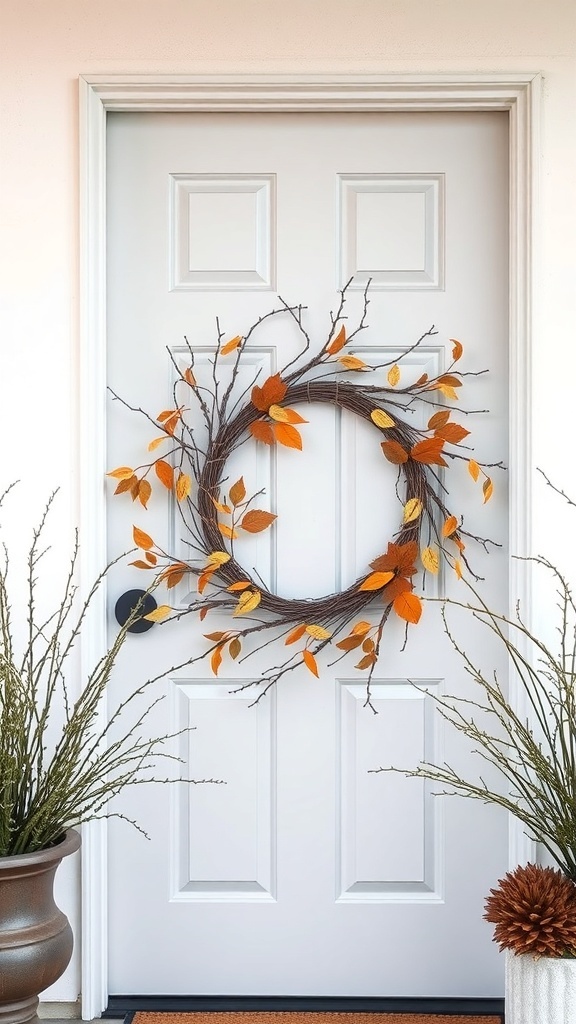 A minimalist fall wreath made of twigs and orange leaves, hanging on a white door with potted plants on either side.