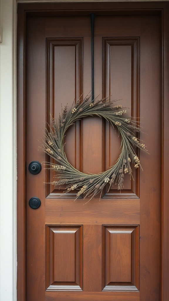 A minimalist wreath made of dried grasses hanging on a wooden door.
