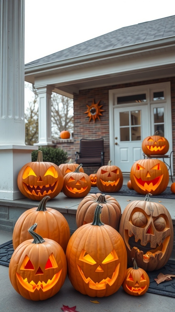 A collection of carved pumpkins with various sinister expressions, glowing warmly on a porch.