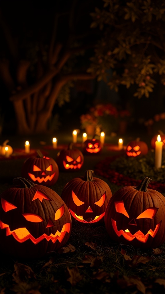 A collection of sinister carved pumpkins glowing in the dark, surrounded by candles and autumn leaves.