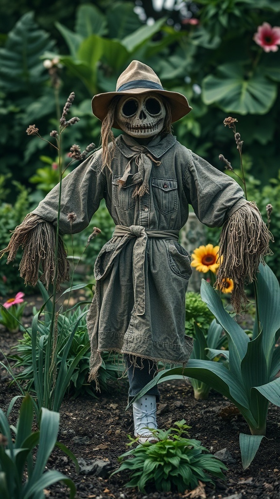 A sinister scarecrow figure with a skeletal face, dressed in a tattered outfit, standing among flowers in a garden.