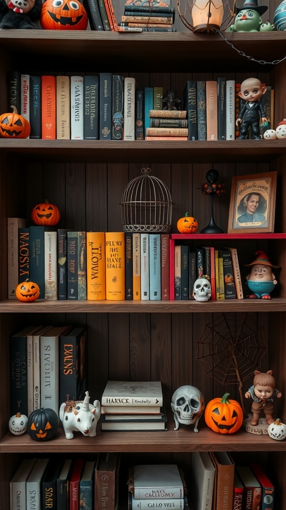 A Halloween-themed shelf display featuring books, pumpkins, and spooky decorations.