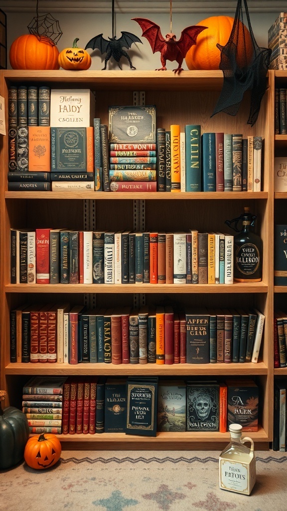 A Halloween-themed bookshelf with spooky decorations including bats, pumpkins, and a collection of eerie books.
