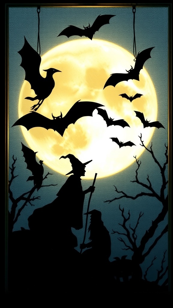 Silhouettes of a witch and a mysterious figure against a full moon, surrounded by bats and trees.