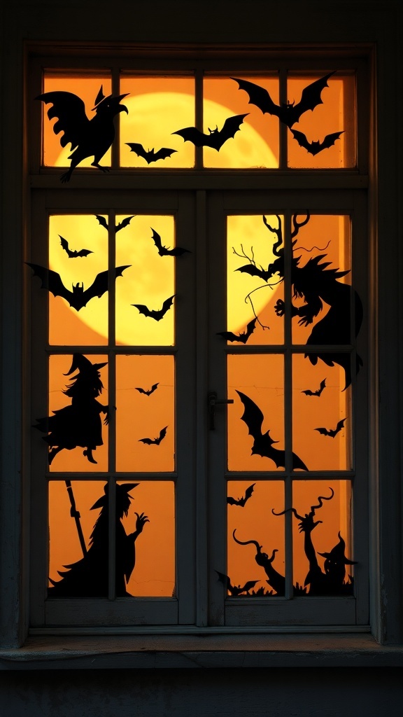 A window decorated with black silhouettes of bats and a witch against an orange sunset.