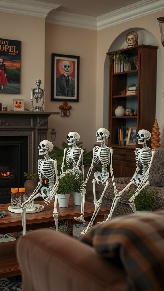 Three skeletons sitting in a living room, one holding a pumpkin, with a decorative banner in the background.