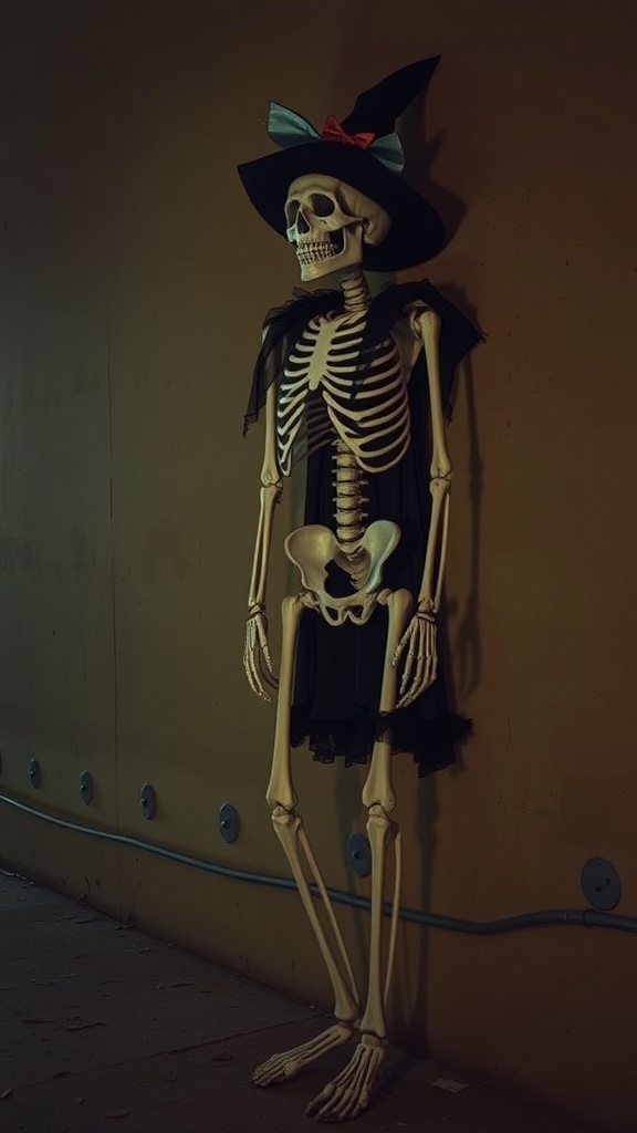 A skeleton dressed in a black dress and witch's hat, standing against a wall.